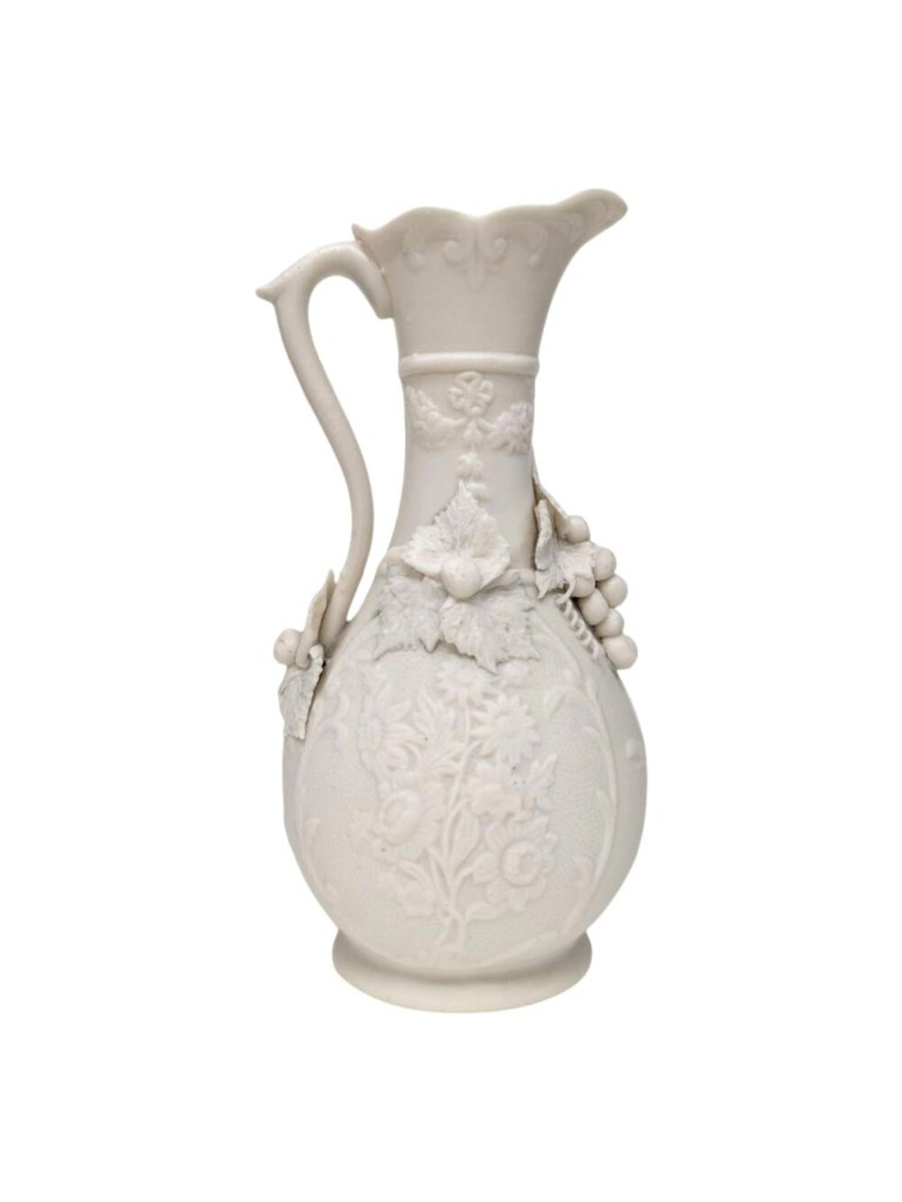 Vtg Embossed Relief Ewer Jug Cream Grape Vine Molded  7" Parian Ware Porcelain
